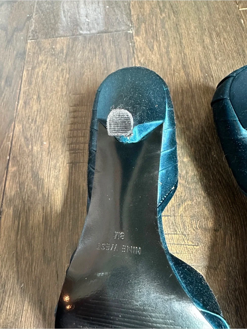 Nine West Teal Satin Peep-Toe Heels with Gem Accent, Size 8